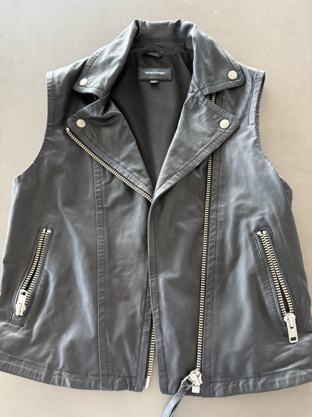 Mackage Black Leather Sleeveless Moto Vest with Silver Hardware